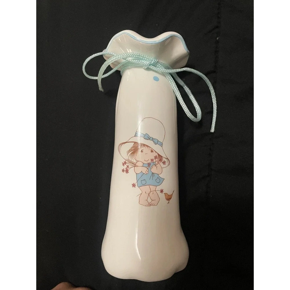 Vintage 1983 Sweet Me American Greeting White Ceramic Bud Vase Blue Polka Dots